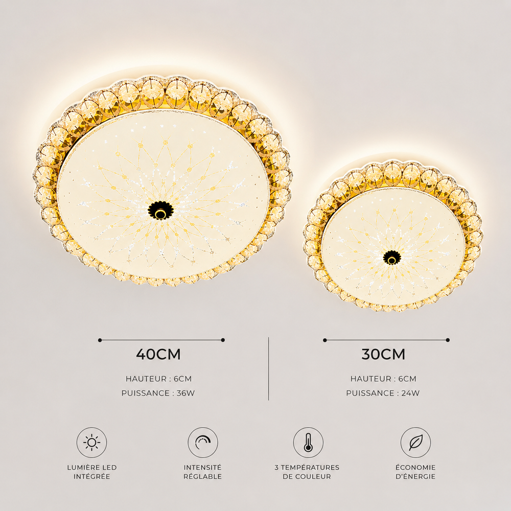 Pack de deux plafonniers LED cristal doré, 40 cm et 30 cm