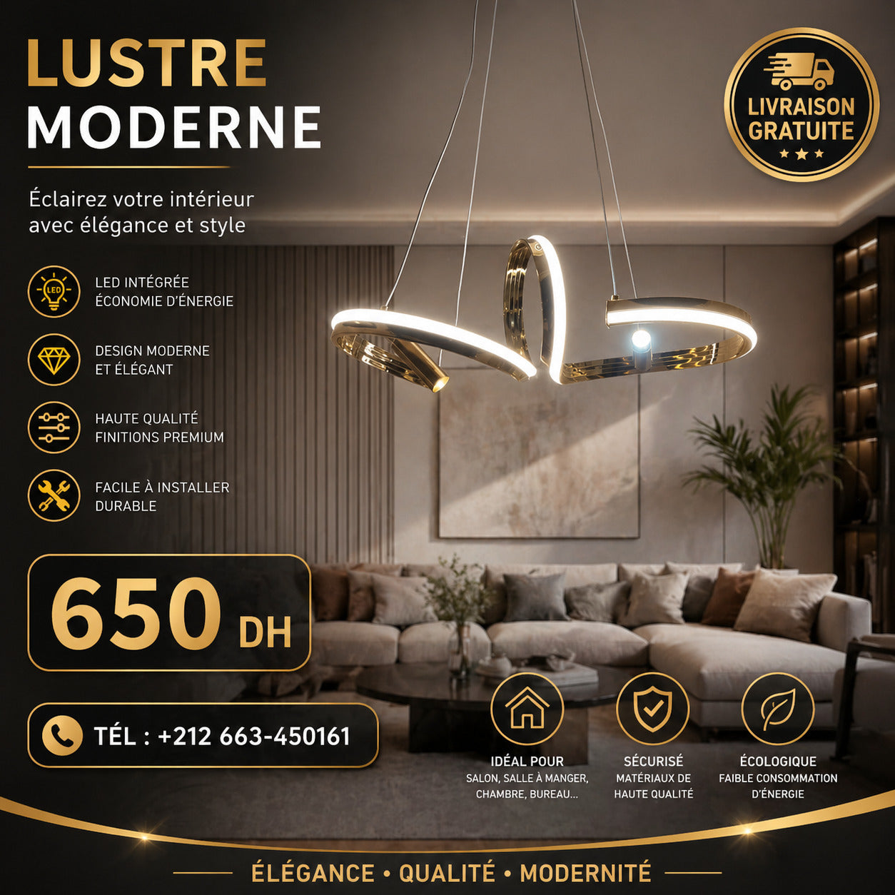 Lustre LED Infinity Doré Ø60 cm